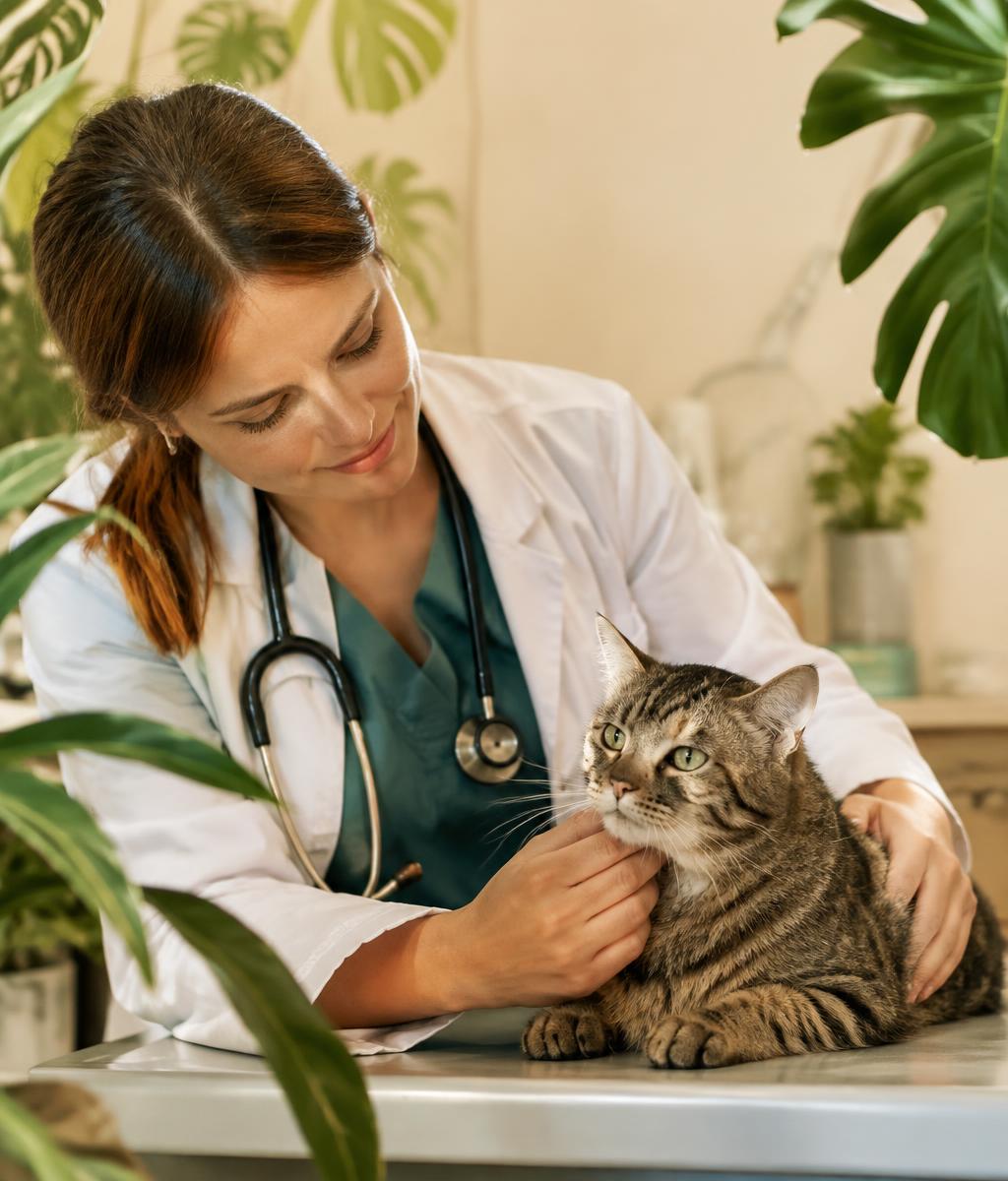 Veterinaria revisando con cariño a un gato atigrado