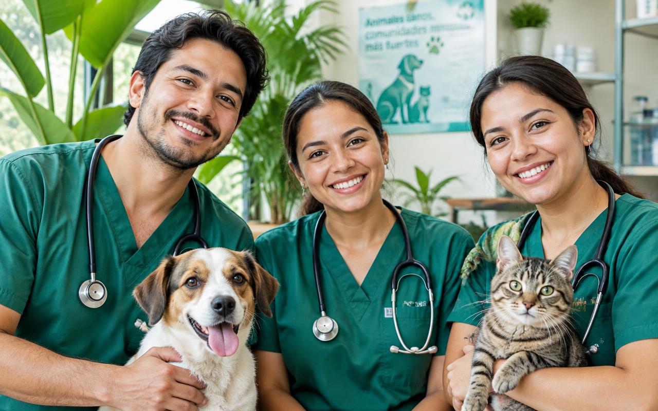Equipo veterinario de Colibrí con un perro y un gato